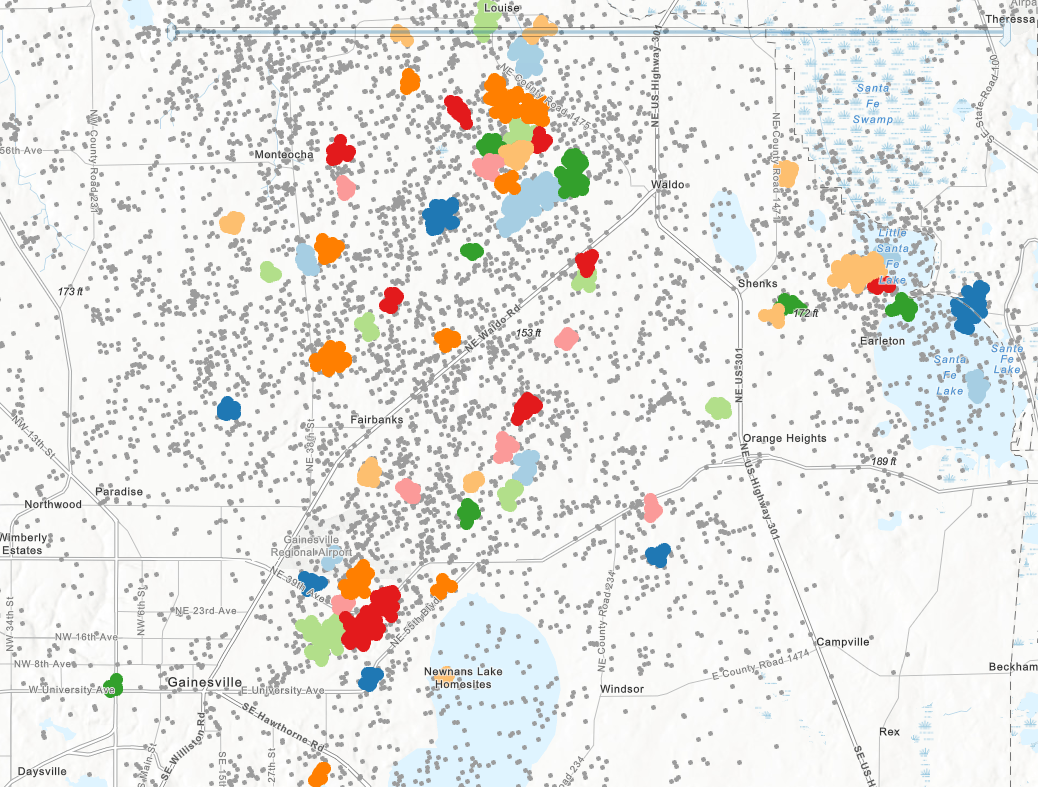 Spatiotemporal clusters of lightning strikes around Gainesville, FL. shown with time animation disabled