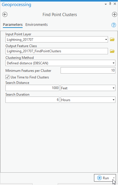 Screenshot of the Find Point Clusters tool in ArcGIS Pro