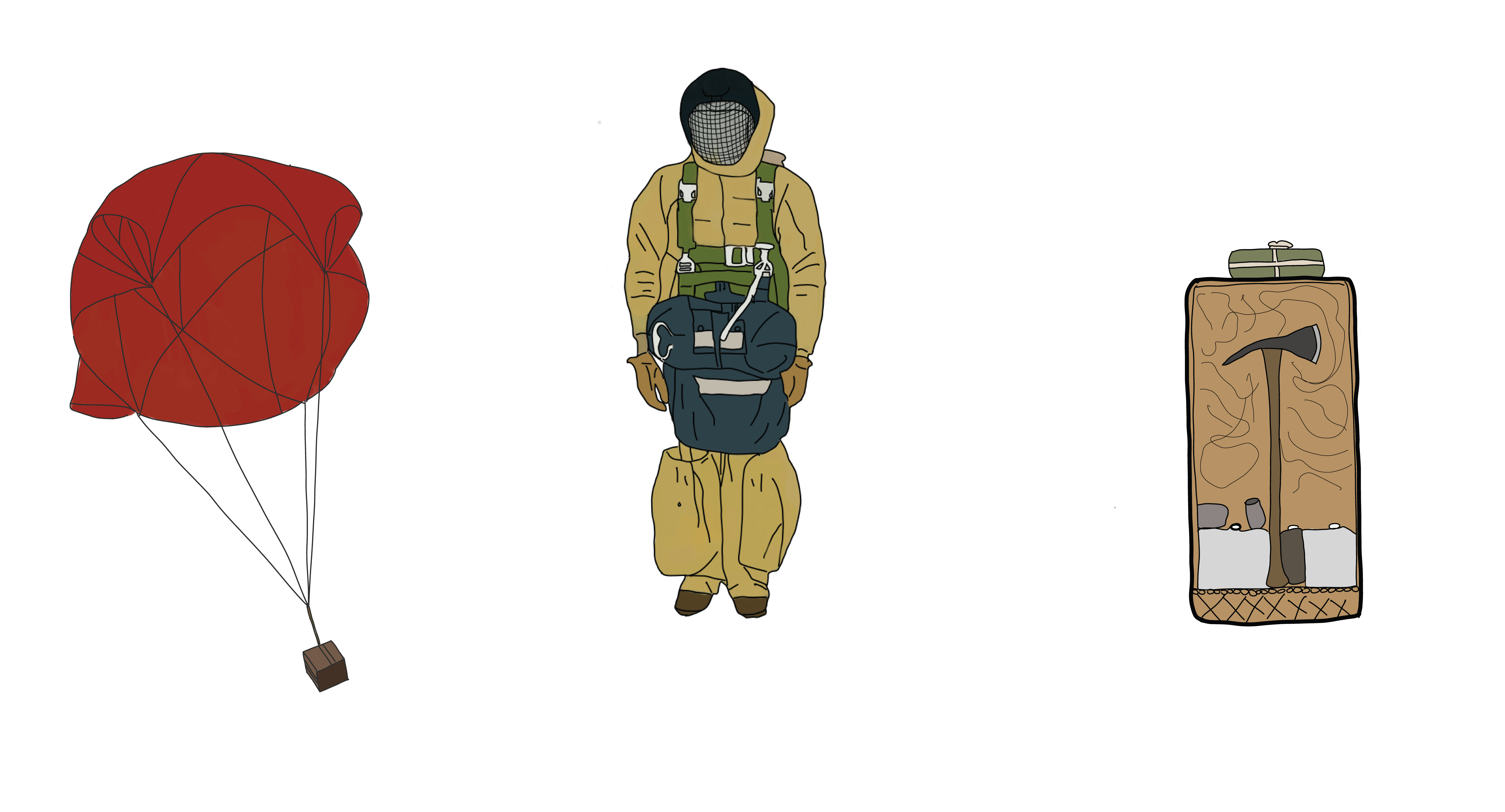 Hand drawn illustration of a cargo box, smokejumper, and firebox Hand drawn illustration of a cargo box, smokejumper, and firebox