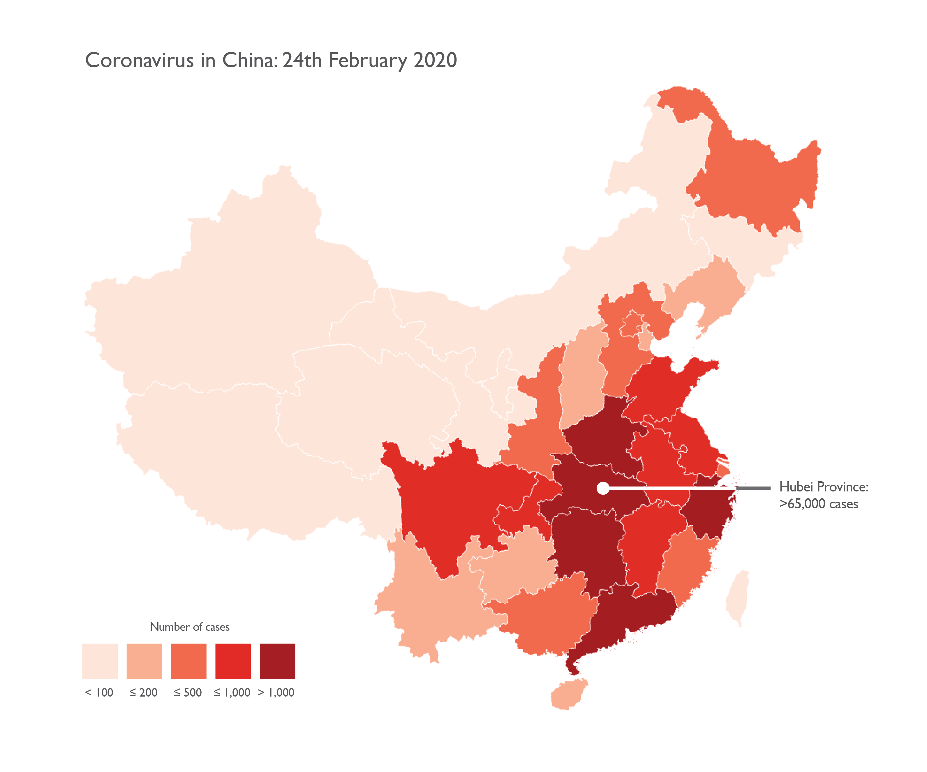 red map of China showing total Coronavirus cases per province