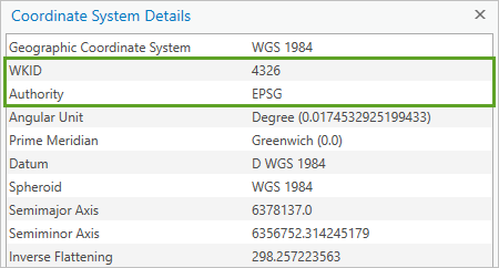 WKID and Authority highlighted in the details list of a geographic coordinate system