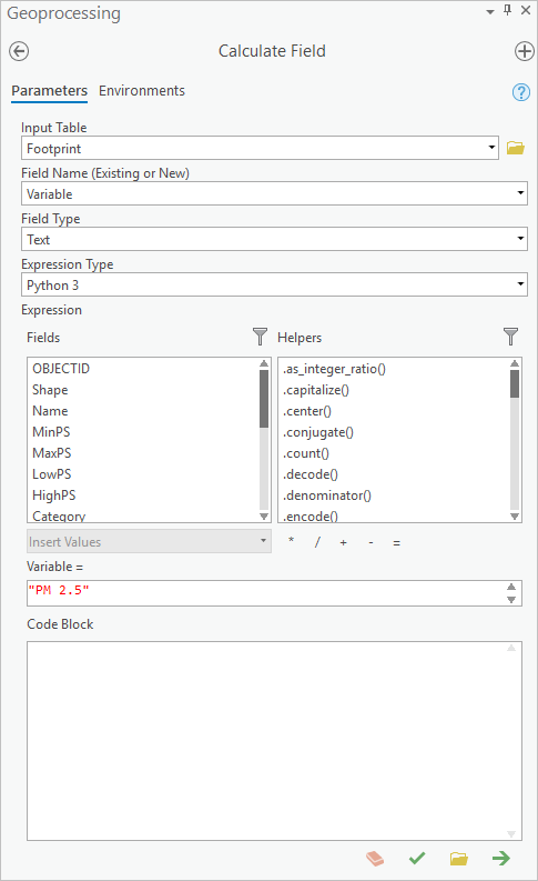 Configuring the Calculate Field tool to add the Variable field