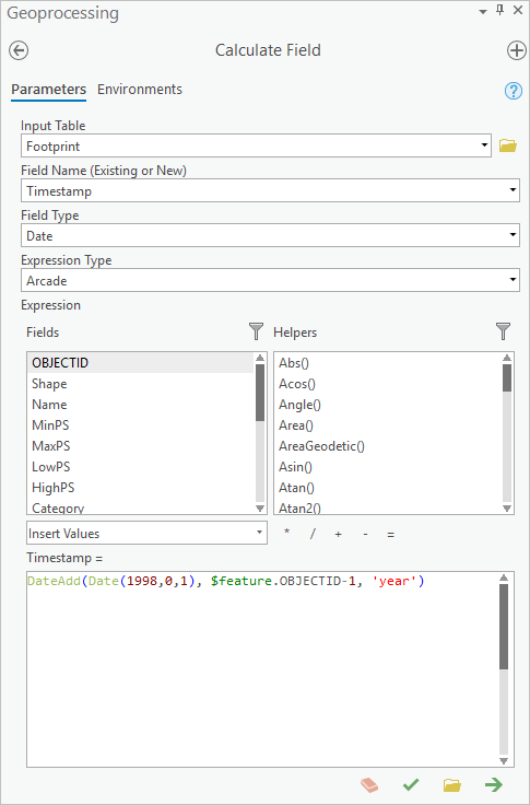 Configuring the Calculate Field tool to add the Timestamp field