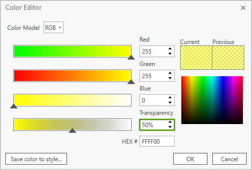 The color editor with Transparency set to 50% The color editor with Transparency set to 50%