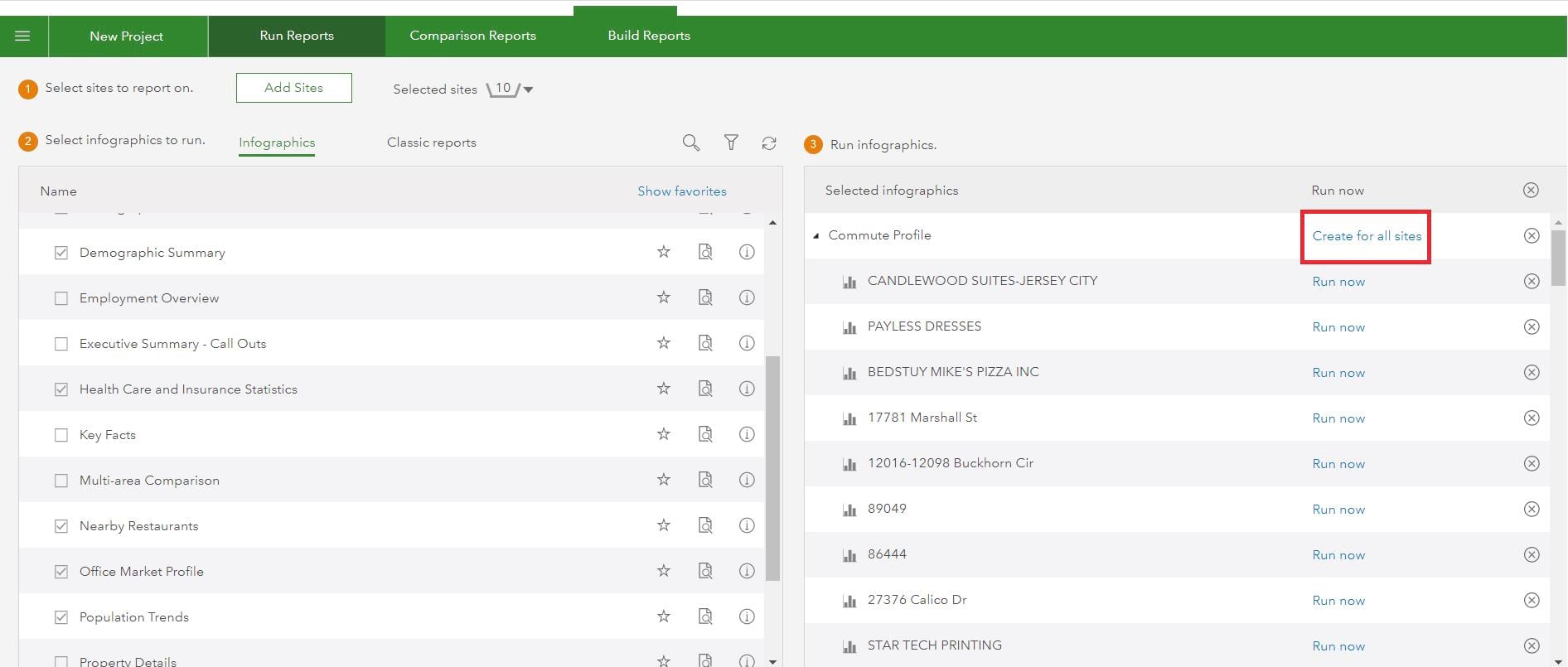 Creating infographics for 10 selected sites in ArcGIS Business Analyst Web App