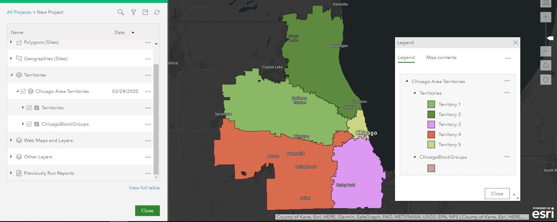 Territories displayed in ArcGIS Business Analyst Web App with a legend that shares what the territories are titled.