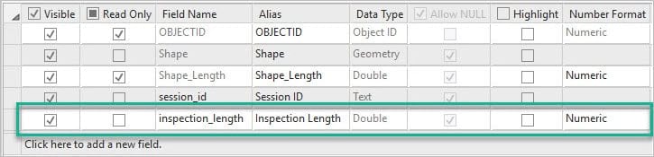 The new inspection length field in the inspection lines attribute table.