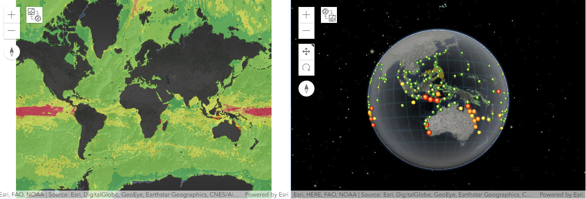 Map showing key station points categorized using the 5 alert levels for coral bleaching