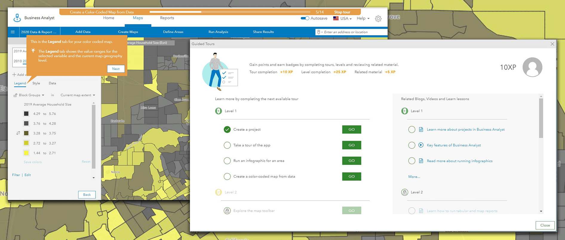 Guided tour menu highlighted atop a map in ArcGIS Business Analyst Web App