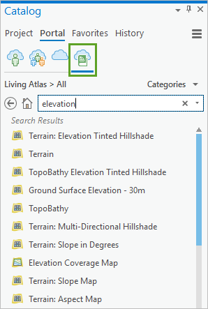 Search for elevation in the Living Atlas on the Catalog pane