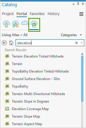 Search for elevation in the Living Atlas on the Catalog pane Search for elevation in the Living Atlas on the Catalog pane