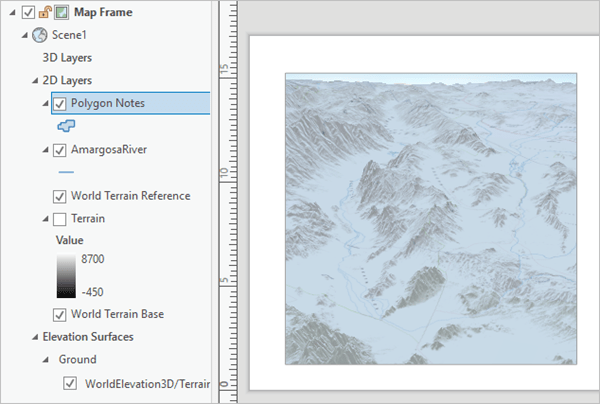 The perspective view shown in a layout, with the map note polygon draped over all mountains The perspective view shown in a layout, with the map note polygon draped over all mountains