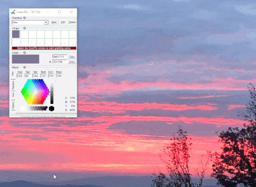 Use of ColorPic tool on an image of a sunset.