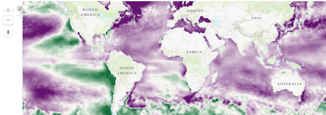 Global trend map showing areas with increasing temperature over time in purple, and areas with decreasing temperature over time in green