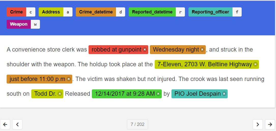 Crime incident report labelled to show entities that should be extracted