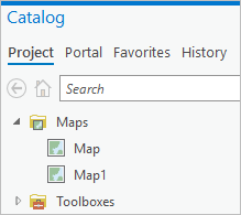 Map and Map1 in the Catalog pane Map and Map1 in the Catalog pane