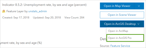 Open in ArcGIS Desktop button with sub-option Open in ArcGIS Pro