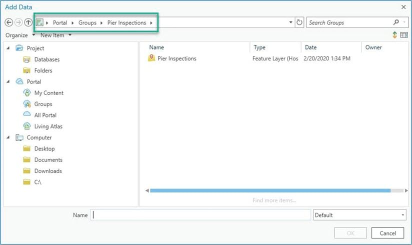 The Pier Inspections feature layer in the add data window.