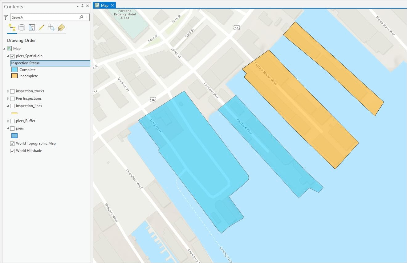 Map of piers spatial join layer with applied symbology.