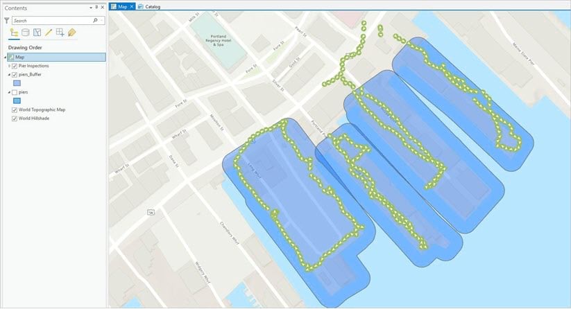 The piers buffer is shown on the map.