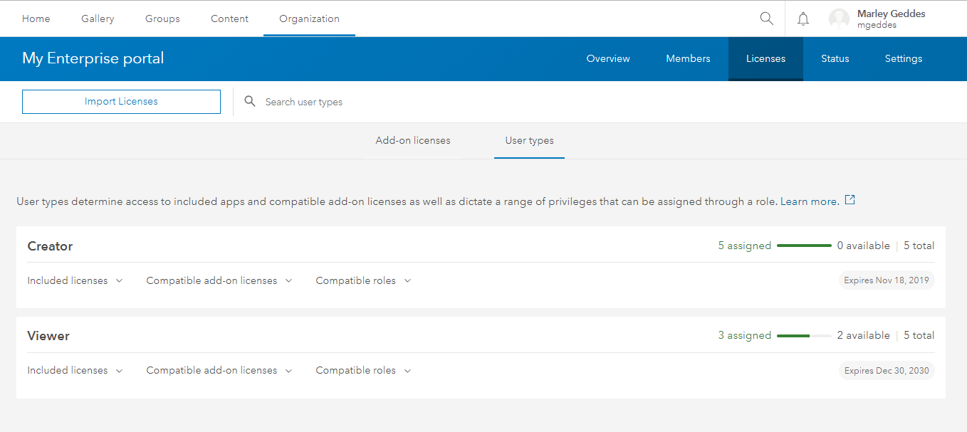 portal licenses tab with available user types