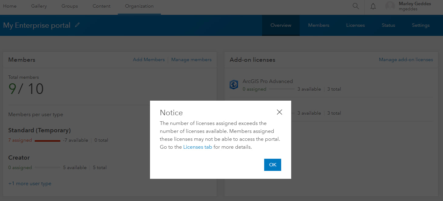 notice that portal licensing is in overdraft