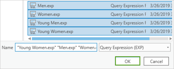 Four queries selected in the browse dialog Four queries selected in the browse dialog