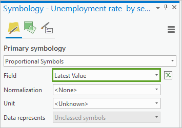 The Symbology pane with Primary Symbology set to Proportional Symbols and Field set to Latest Value The Symbology pane with Primary Symbology set to Proportional Symbols and Field set to Latest Value