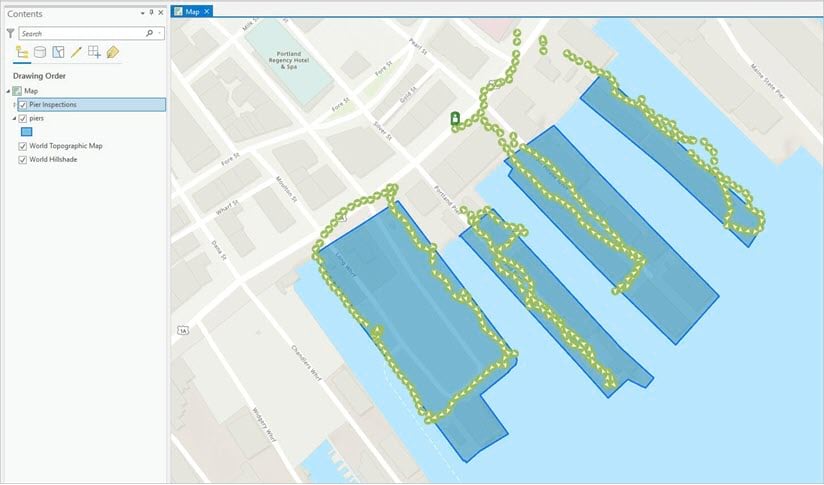 Map of tracks layer, last known locations layer, and piers layer.