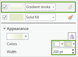 Gradient stroke colors set to white and pale green, and width set to 200 point