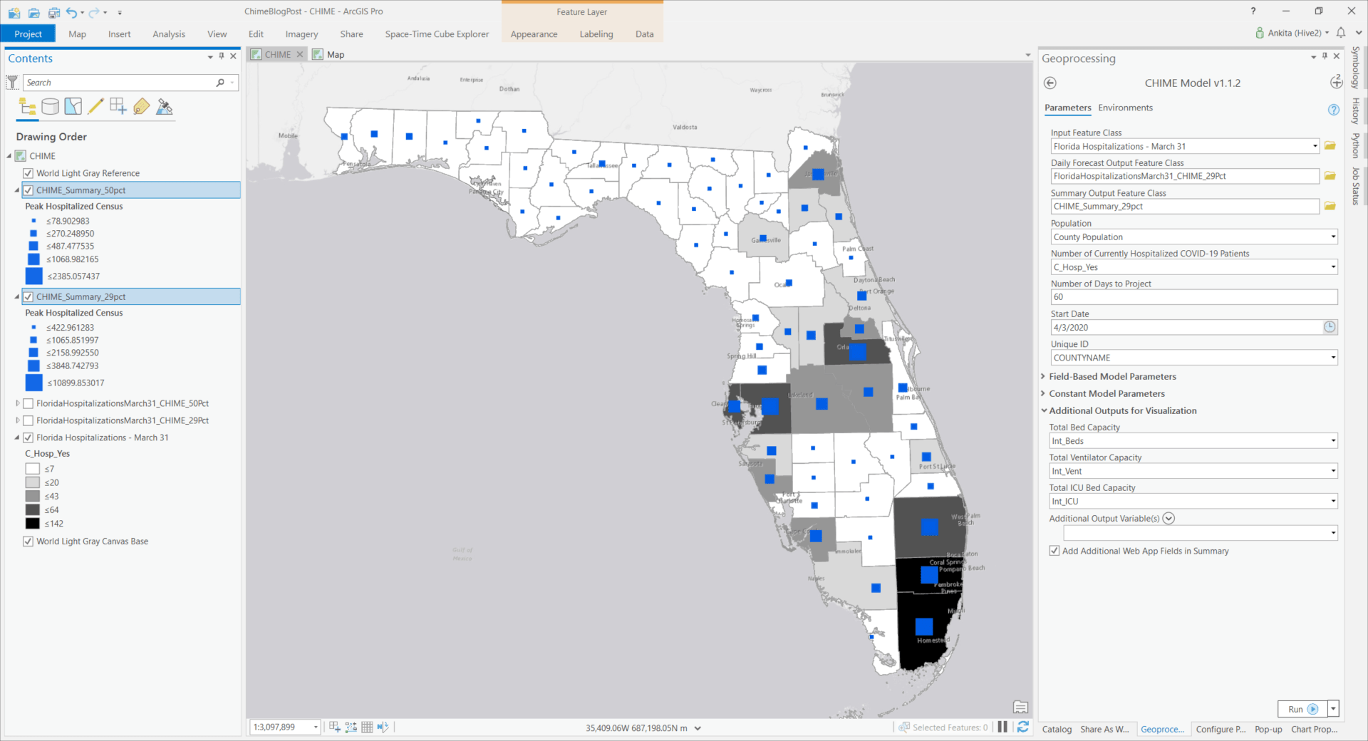 An ArcGIS Pro project containing the results of two alternative social distancing policies, derived from the CHIME Model v1.1.2 tool