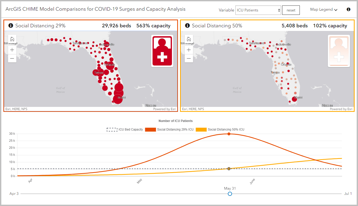 Modeled ICU patients on May 31st in Florida, from the example Capacity Analysis app