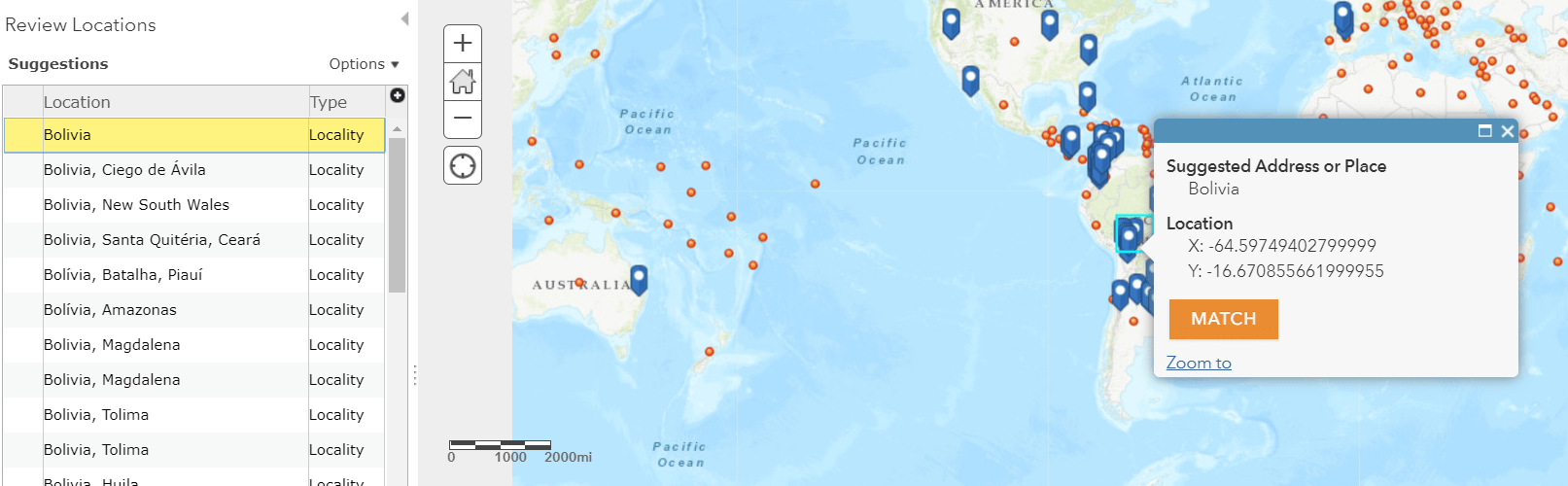 Pick from a list of suggestions that show up as both a list and points on the map. The first one in the list ("Bolivia") is highlighted and the corresponding point is selected. The pop-up of the point on the map has a MATCH button. Pick from a list of suggestions that show up as both a list and points on the map. The first one in the list ("Bolivia") is highlighted and the corresponding point is selected. The pop-up of the point on the map has a MATCH button.