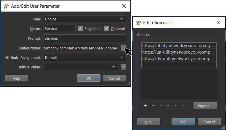 Changing the services in the Edit Choices list dialog for your own environment