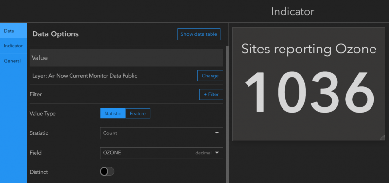 Configuration screen for the improved count statistic in Indicator element.