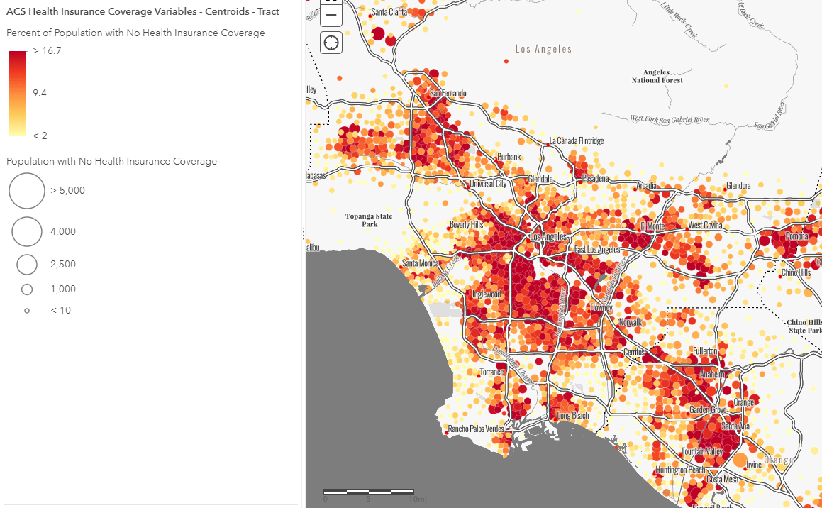 Population without healht insurance LA