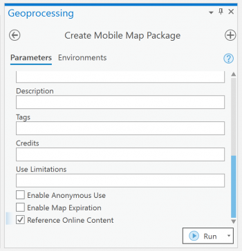 Image showing the ArcGIS Pro 2.6 Create Mobile Map Package tool Image showing the ArcGIS Pro 2.6 Create Mobile Map Package tool