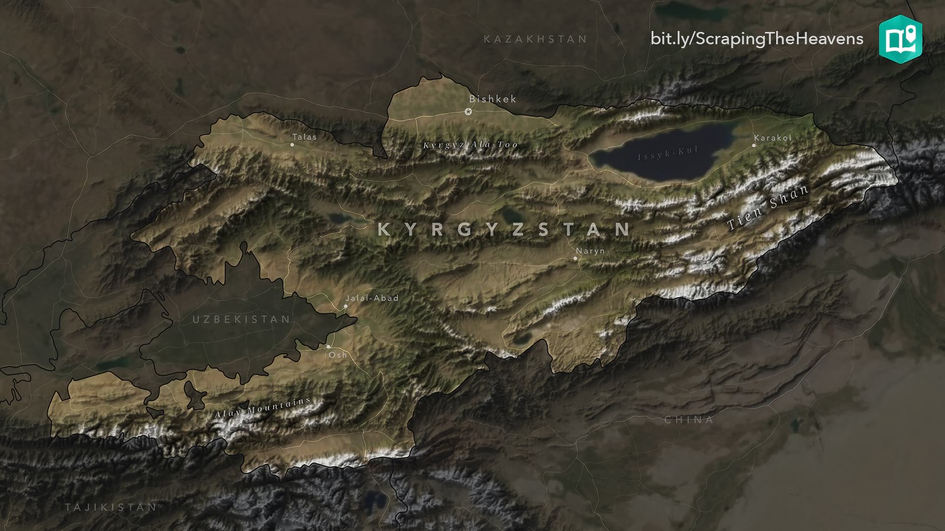 Exaggerated relief map of Kyrgyzstan