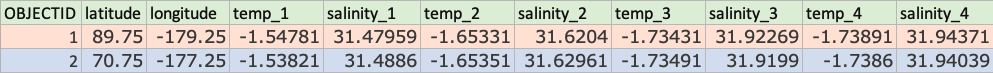 table with two rows and multiple columns representing different attributes for each row