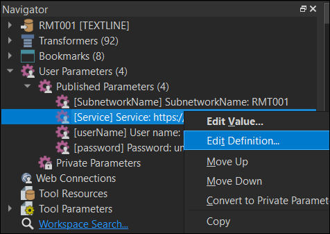 User Parameter Edit Definition Menu Item