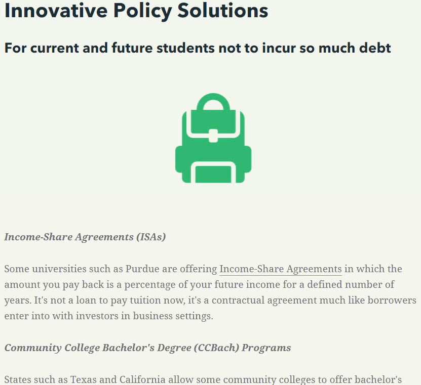 Header says "innovative policy solutions for current and future students not to incur as much student loan debt" then an icon of a backpack in green, then the paragraph text. Header says "innovative policy solutions for current and future students not to incur as much student loan debt" then an icon of a backpack in green, then the paragraph text.