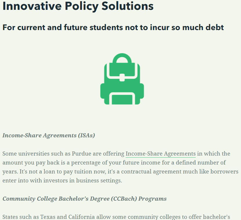 Header says "innovative policy solutions for current and future students not to incur as much student loan debt" then an icon of a backpack in green, then the paragraph text.