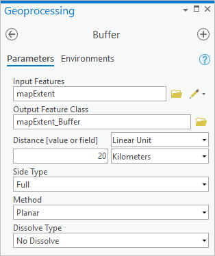 Buffer tool set to 20 kilometers on the mapExtent input feature