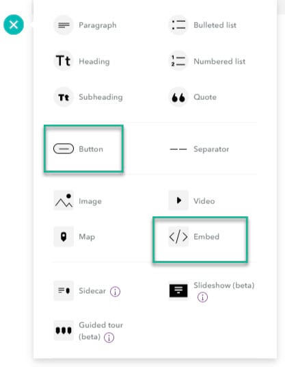 The content block selector in the StoryMaps builder, with squares around Button and Embed for emphasis.