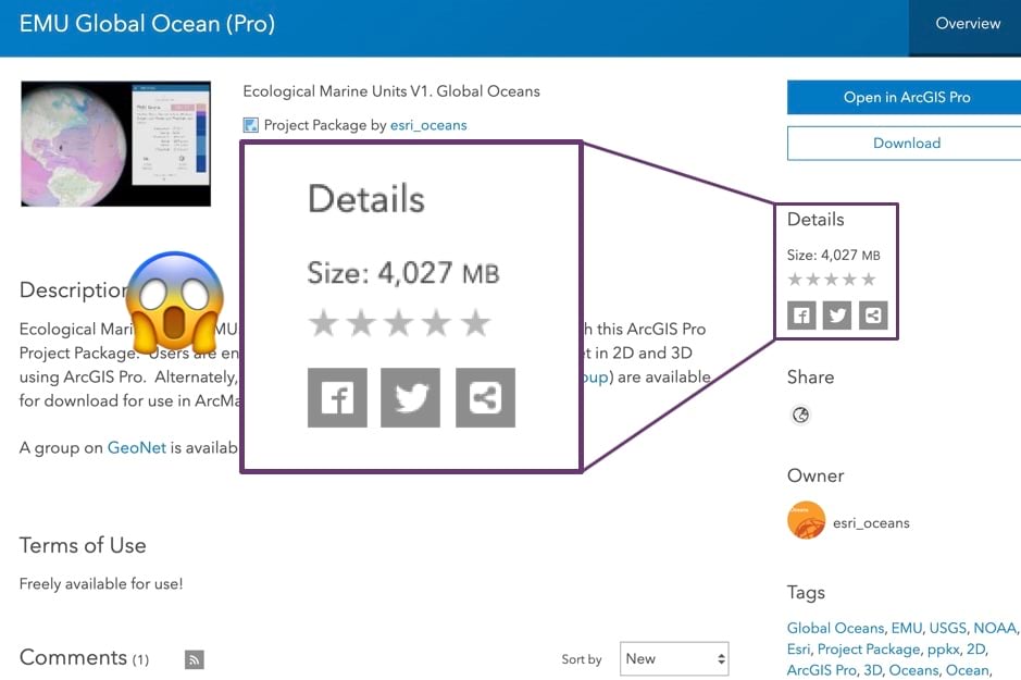 An item details page in ArcGIS Online showing a scream emoji next to the size of the data (4GB).