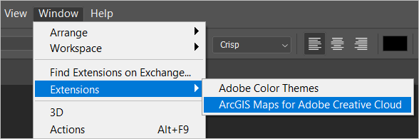 The ArcGIS extension in Photoshop's Window menu The ArcGIS extension in Photoshop's Window menu