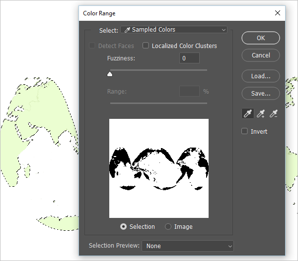 Color Range window with Fuzziness set to 0