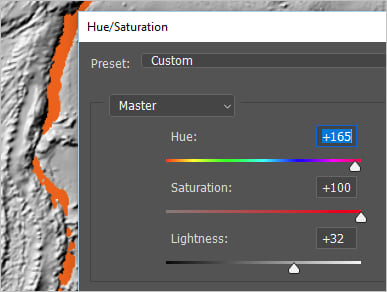 Hue set to 165, saturation set to 100, lightness set to 32