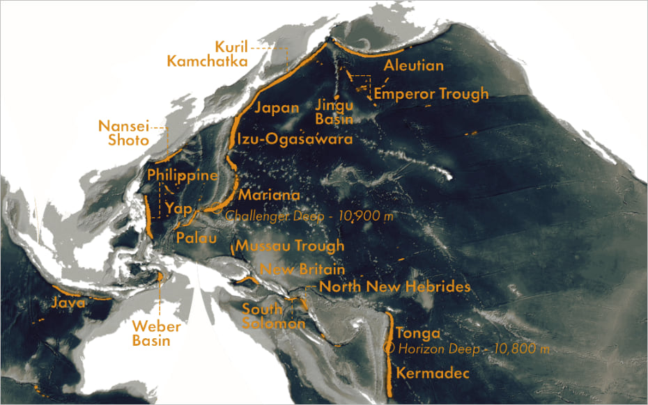 Bathymetry map with labeled ocean trenches Bathymetry map with labeled ocean trenches