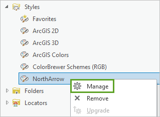 Manage option on the context menu of the NorthArrow style in the Catalog pane